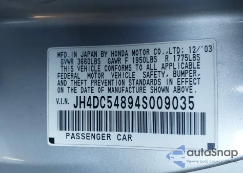 2004 Acura Rsx из США, поврежденный, VIN JH4DC54894S009035